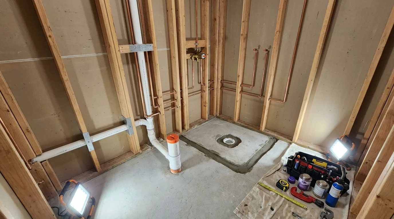 Bathroom rough-in plumbing during remodel by Johns Plumbing LLC in Cherokee