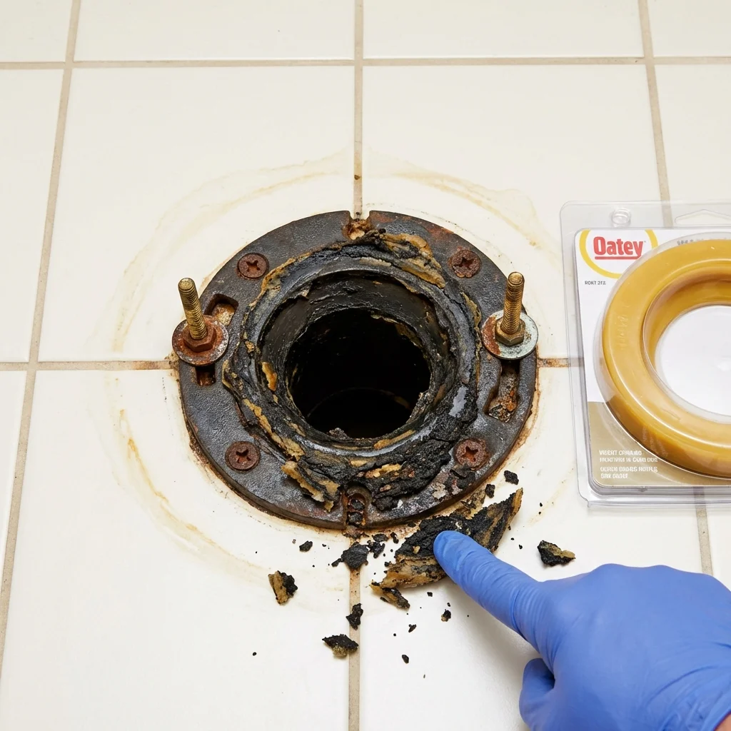 Failed wax ring showing water seepage at the base of a toilet in a Cherokee, IA home