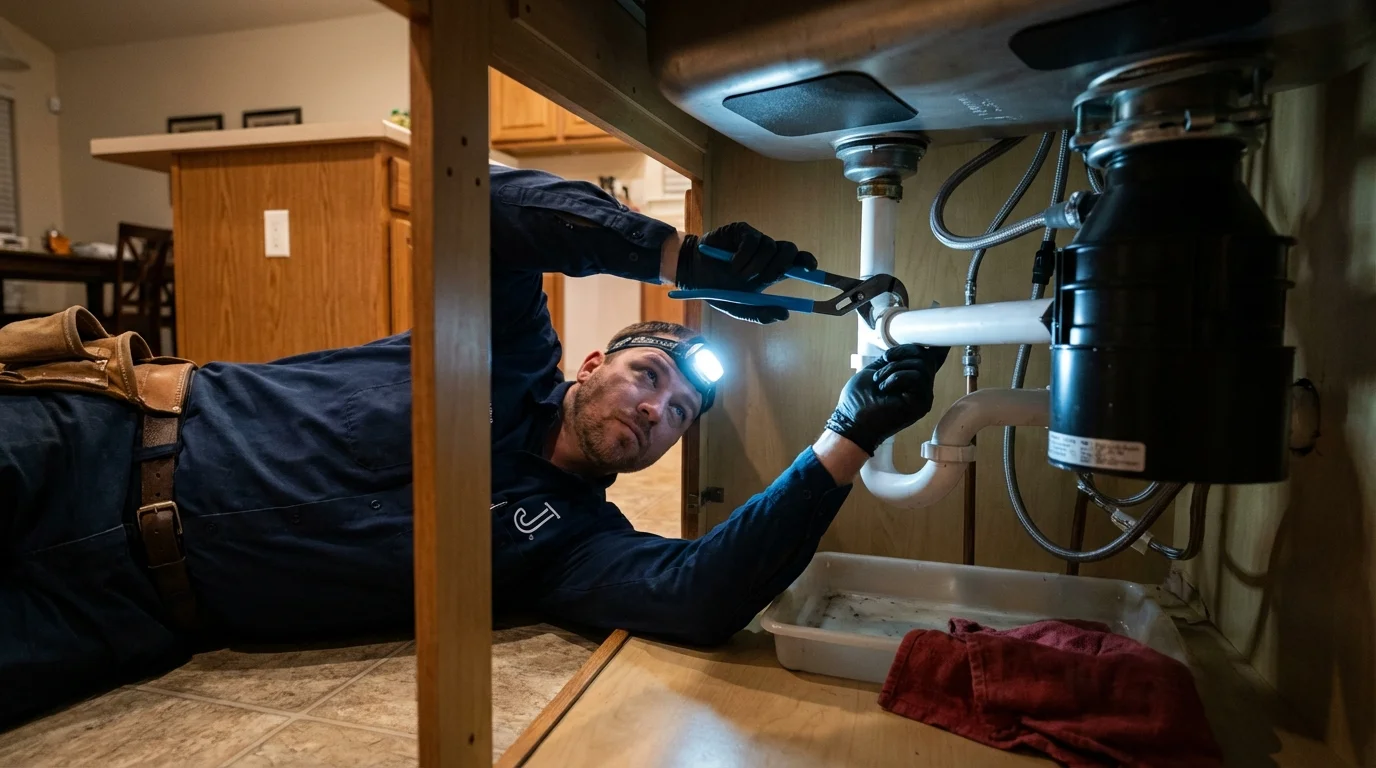 P-trap and supply line connections under a kitchen sink showing a common leak point in Cherokee, IA